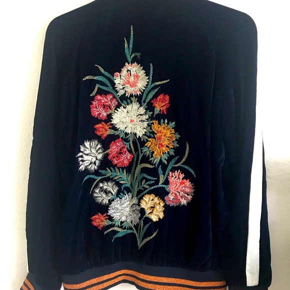 Zara | Jackets & Coats | Zara Embroidered Navy Velvet Bomber